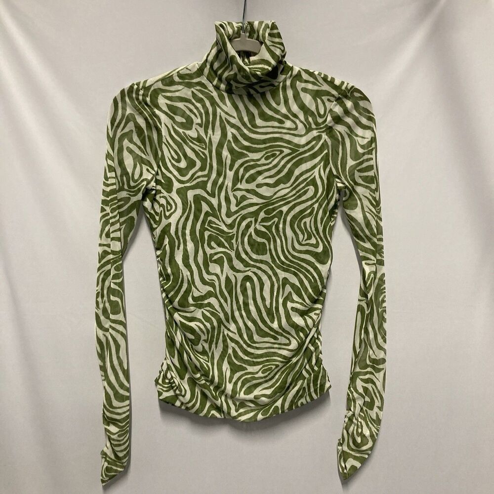 Cinq à Sept Woodblock Zebra Shirred Green White Mesh Turtleneck Women's Size XS